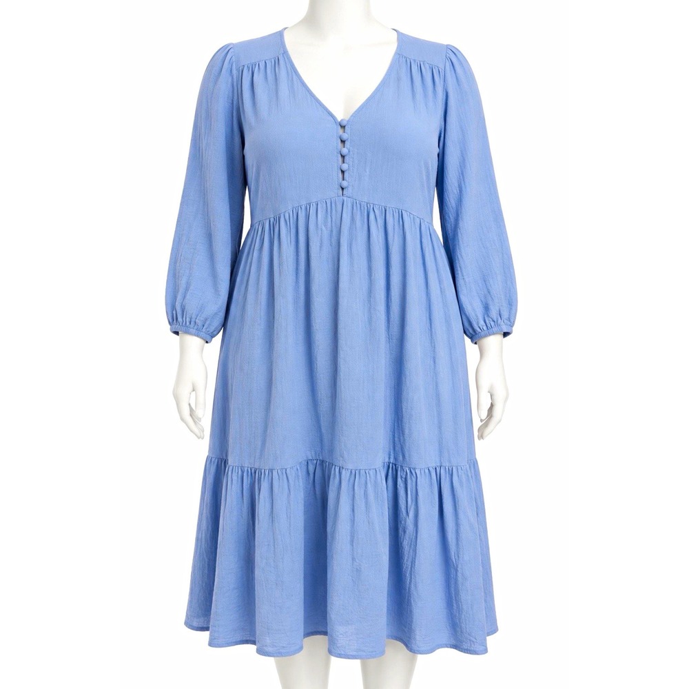 J JILL Woman's Blue Solid V-Neck Button Front A-Line Dress 3/4 Sleeve Linen 2XL